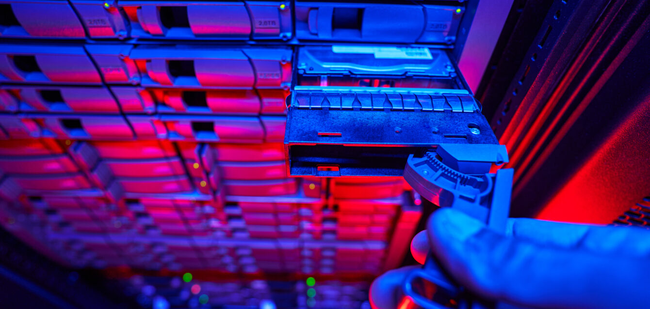 Cropped photo of modern telecommunication equipments in server room